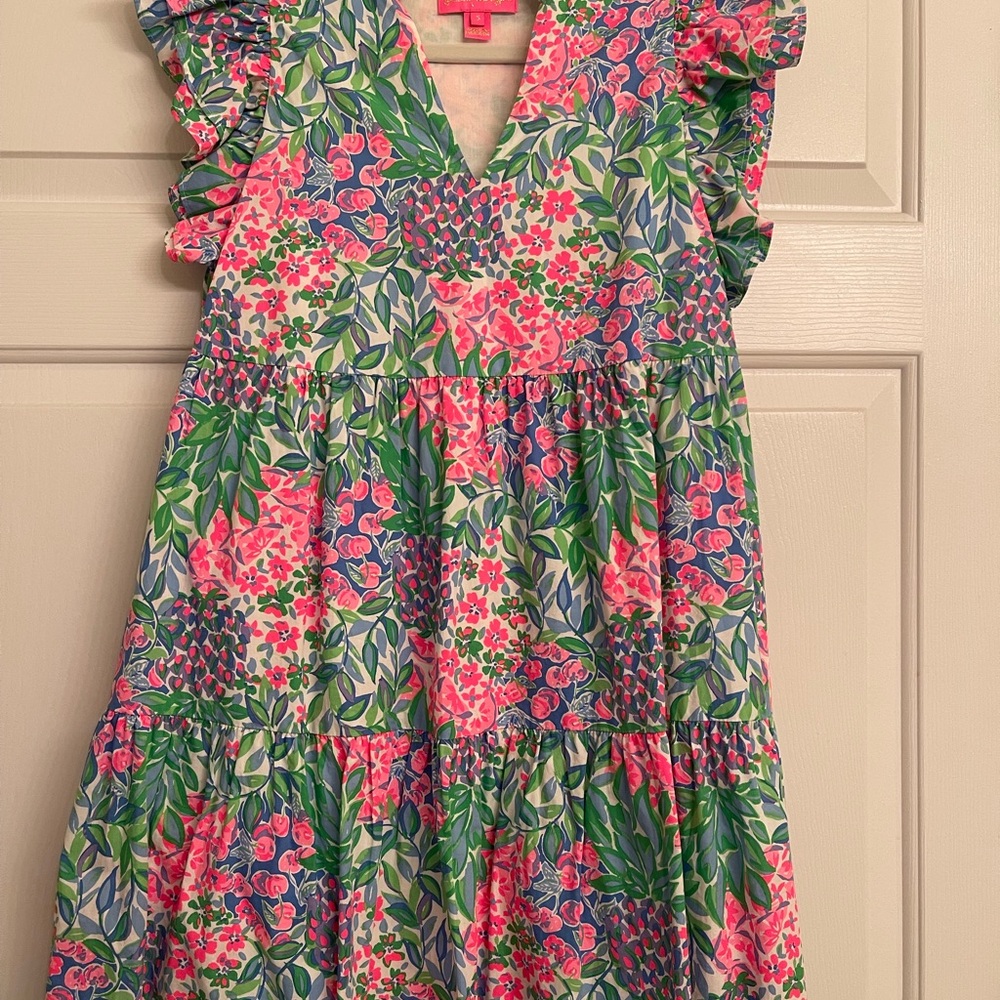 Floral Tiered V-Neck Mini Dress in Pink & Green - Picture 3 of 6